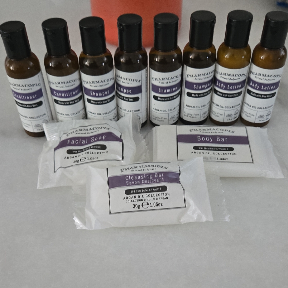 Pharmacopia Travel Set Argan Oil Shampoo, Conditioner, Soap, Lotion HUGE SET!